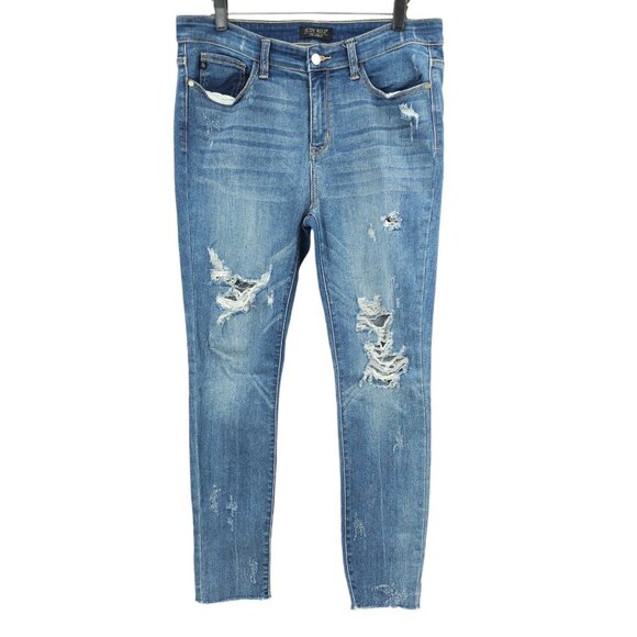 Judy Blue Jeans Skinny Fit Distressed 13/31 Raw Hem Stretch High Rise Med Wash - Picture 1 of 14